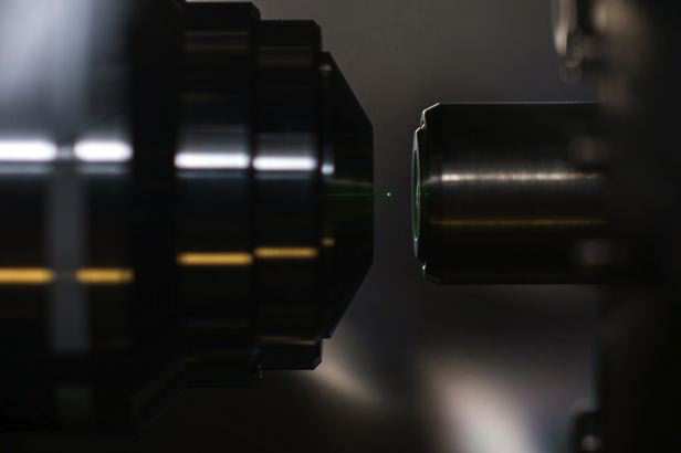 Figure 1: Photograph of light scattered from a laser-trapped diamond nanoparticle.